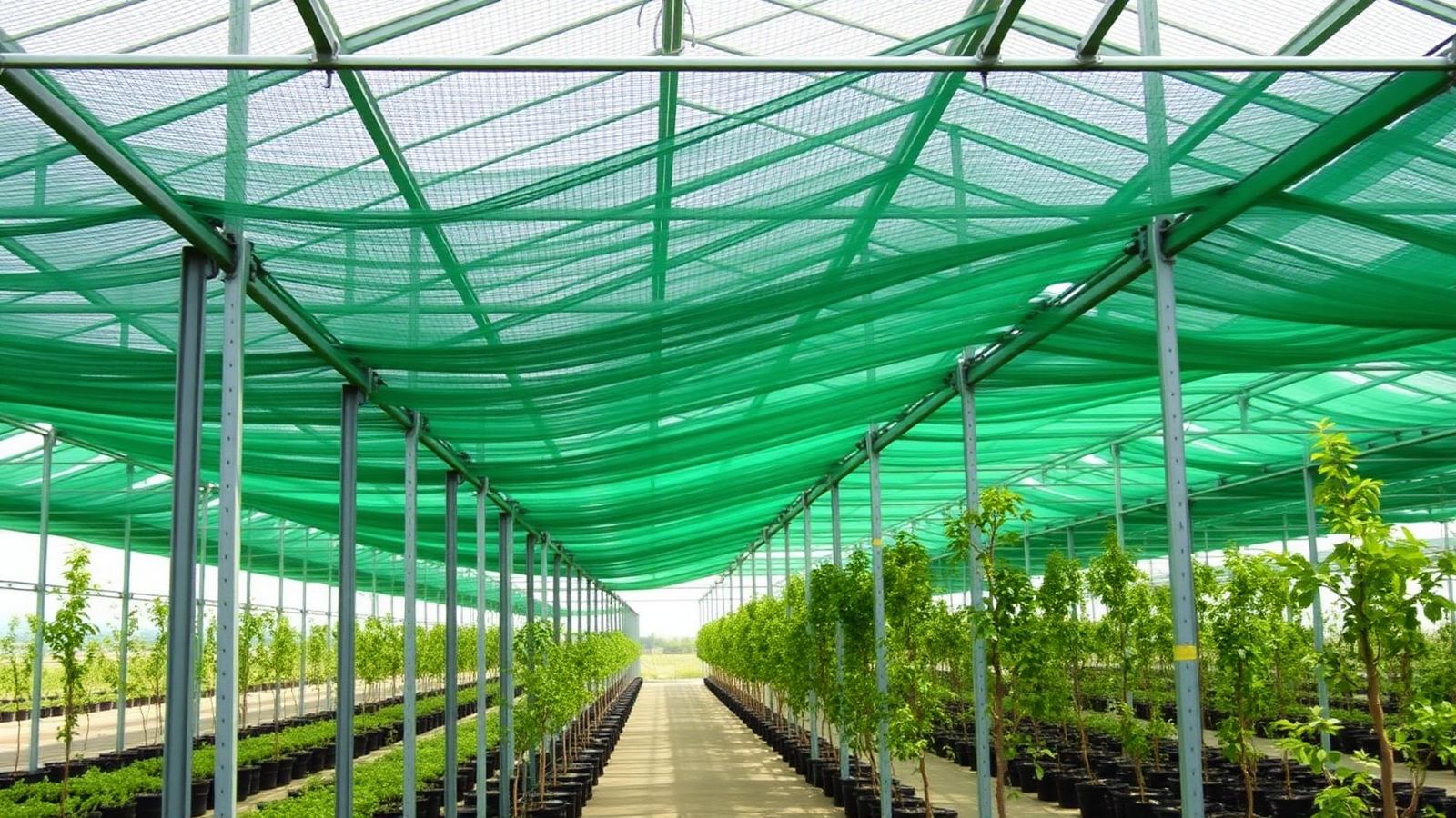 Interior of a steel-framed net house with young trees